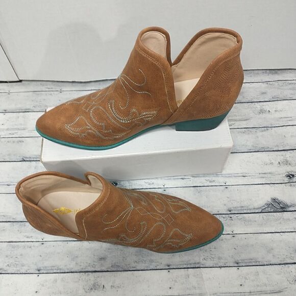 Jolimall Women SZ 11 Split Ankle Boot Cognac with Teal Soles Stitch Western . - Picture 3 of 10